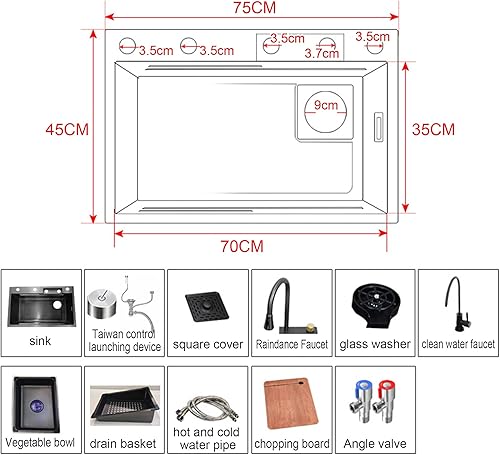 Miniatura 9 de Fregadero de cocina empotrado o empotrado, color negro, de acero inoxidable 304, Nano Raindance, con lavaplatos y grifo extraíble, fregaderos de