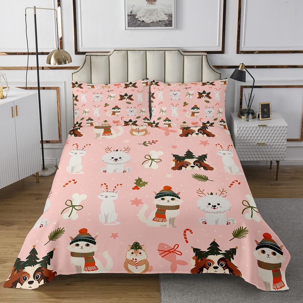 Erosebridal Pink Christmas Bedspread Set King,Winter Snowflake Bedding Set for Kids Teens Girls Boys,Pink and White Buffalo Plaid Grid Bed Set,Xmas Flower Floral Coverlet Set,Blue Pink 3 Pcs