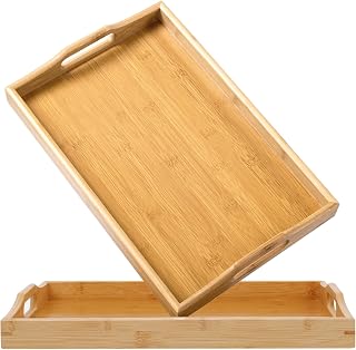 Bambus Tablett Serviertablett 2er Set, Groß und Klein Holz Tablett mit Griffen, Rechteckig Küchentablett (42 × 32 cm, 38 × 25 cm)
