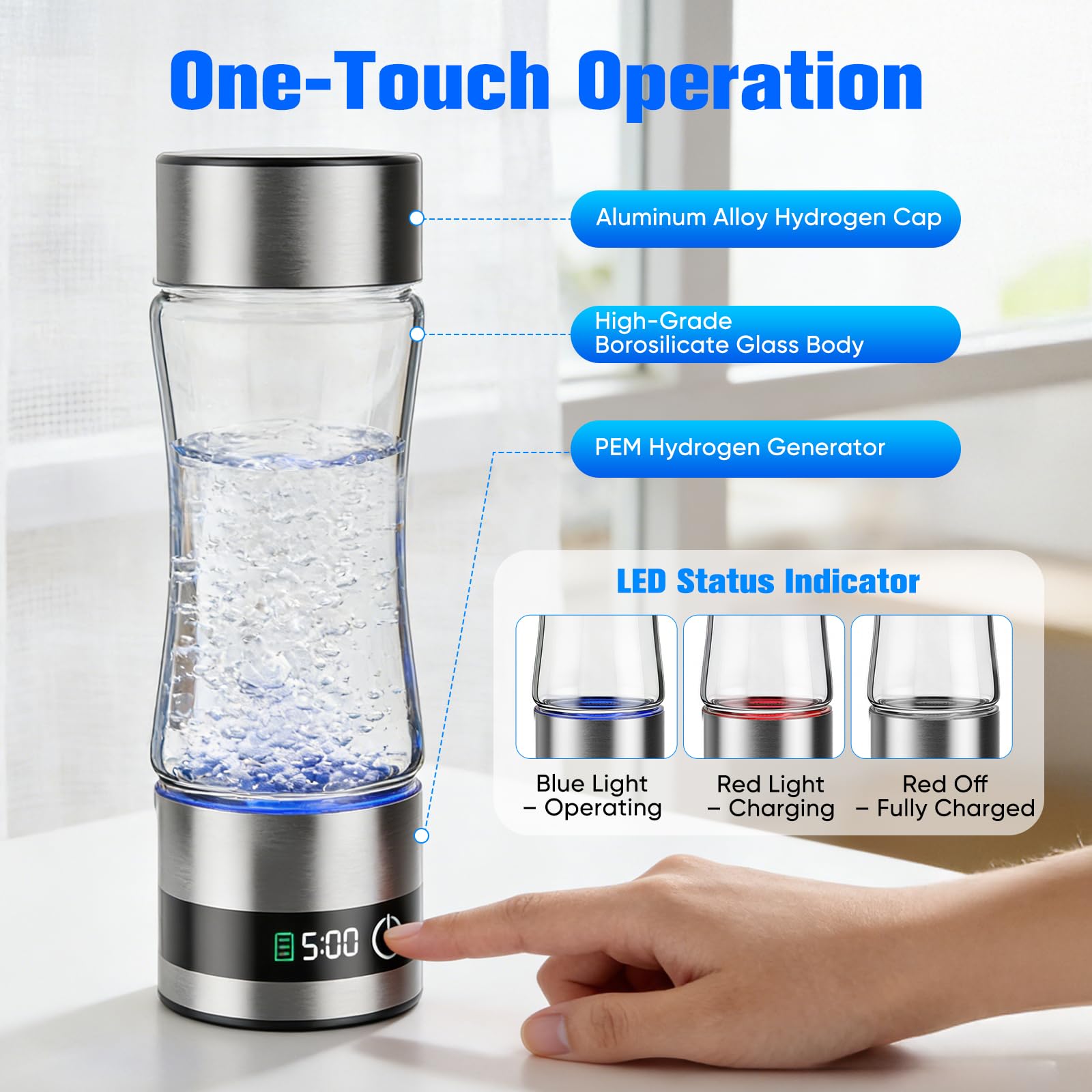 Bouteille d'eau hydrogénée avec affichage numérique, 460 ml Bouteille d'eau hydrogénée portable en verre avec technologie 5200 PPB & SPE, eau riche en hydrogène en 5 minutes (5200 PPB - 460 ml)