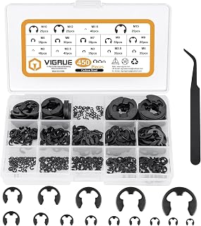 VIGRUE 450Pcs E-Clip Circlip External Retaining Ring Assortment Set, 14 SAE Sizes High Carbon Steel Circlip Kit, Includes Sizes of 1.5/2/2.5/3/3.5/4/5/6/7/8/9/10/12/15 mm