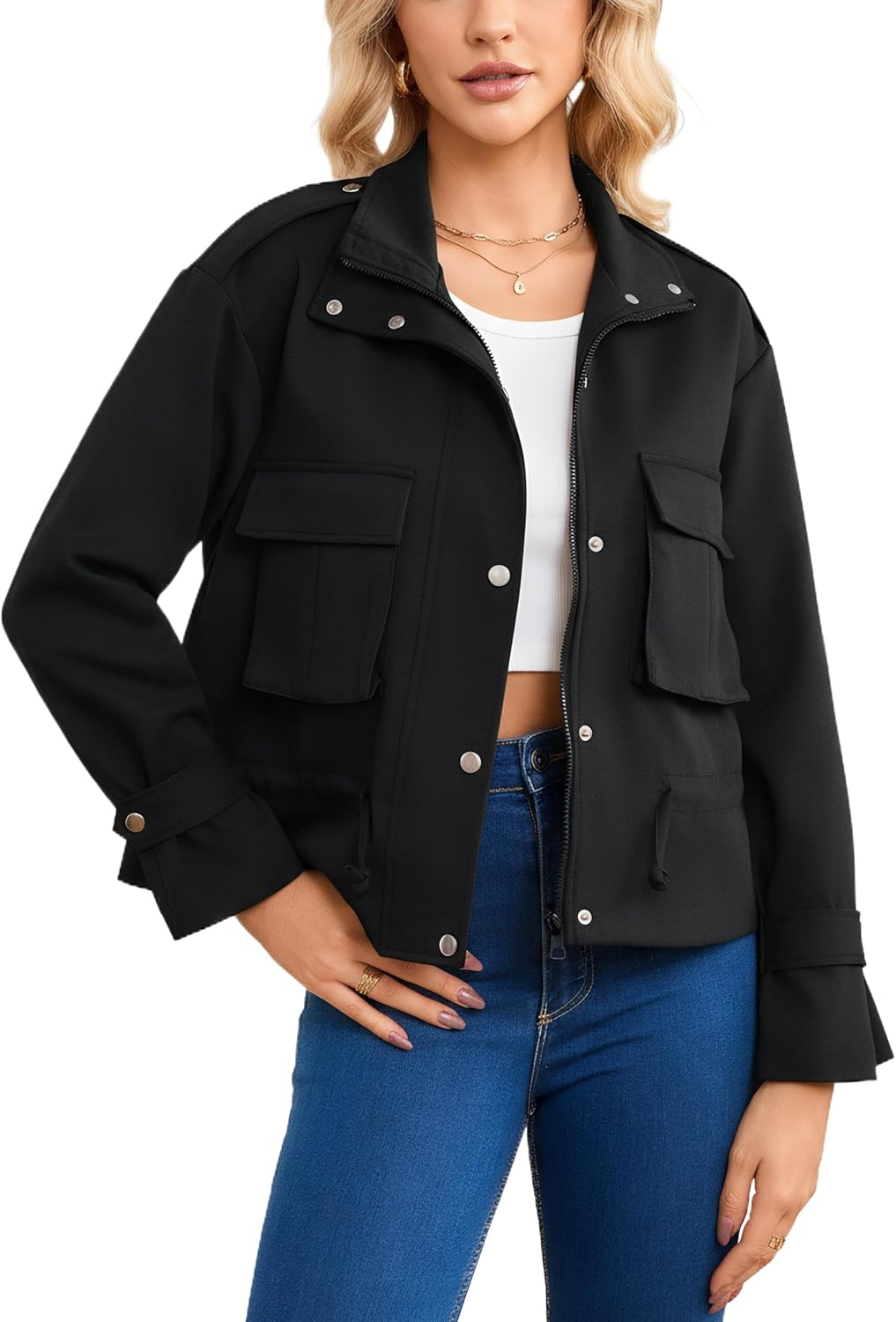 Ladyful Cropped Bomber Jacket Women Trendy Lightweight Long Sleeve Zip Up Short Oversized Utility Anorak Coat