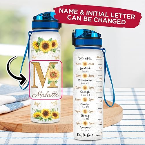 Miniatura 2 de wowcugi Botella de agua de girasol personalizada con marcador de tiempo, 32 onzas, botellas de agua alentadoras, rastreador, nombre personalizado,