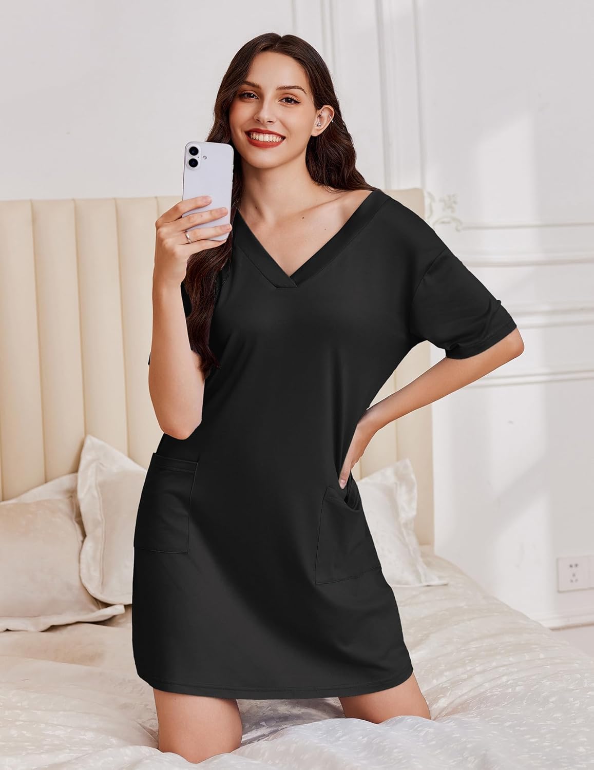 Ekouaer Nightgowns for Women Short Sleeve Sleep Shirt V Neck Night Gown With Pockets Soft Pajamas Dress Casual Sleepwear - Image 3
