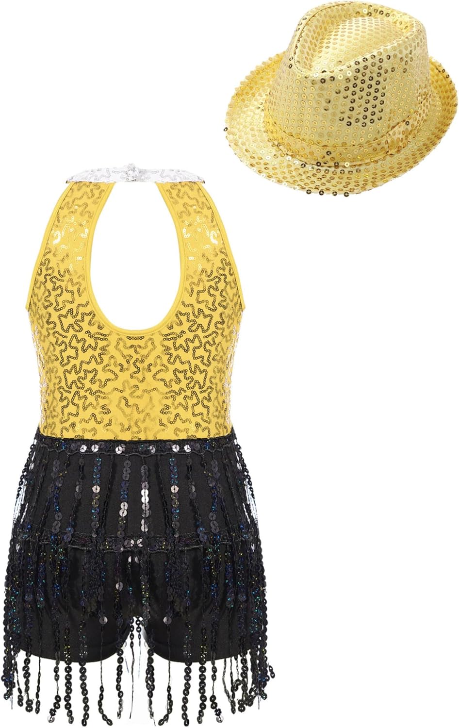 ACSUSS Sleeveless Jazz Dance Dress for Kids Girls Sequin Tap Latin Ballroom Dance Dress Performance Costume and Hat