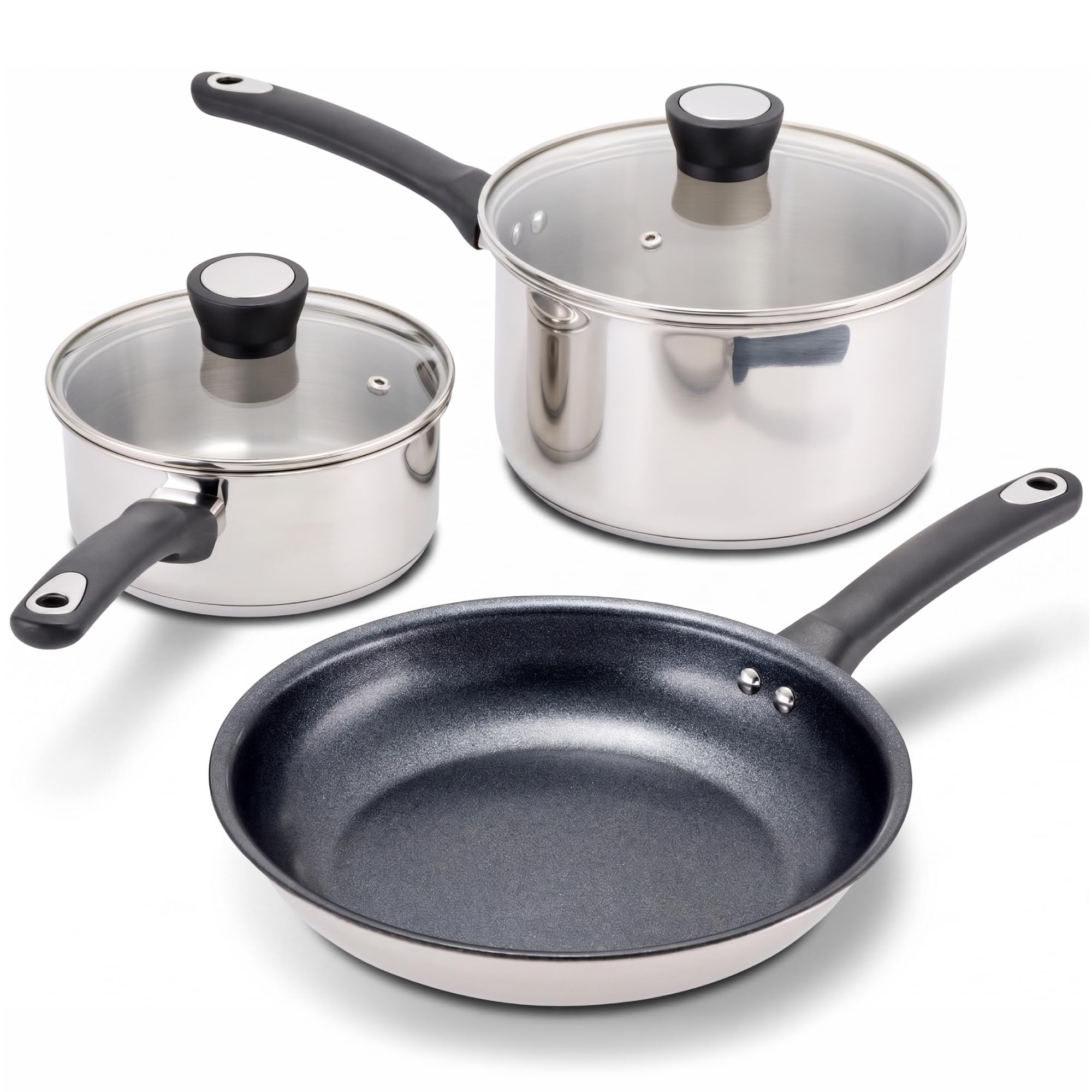 Judge 3 Piece Pots and Pans Set, 2 Saucepans & Non Stick Frying Pan