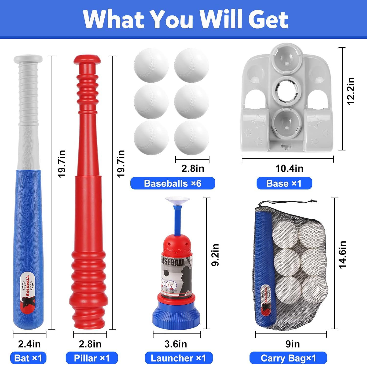 KIZJORYA T Ball Set, Tee Ball Set for Kids 3-5 with 6 Large Baseballs & Automatic Pitching Machine & Adjustable Batting Bat, Outdoor Games Sports Toy Gift for Toddlers Boys Girls Ages 5-8 8-12