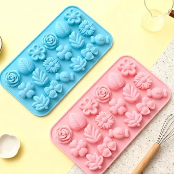 Silicone Flower Chocolate Molds Set, 2 Pcs Cute Rose Daisy Baking Mold, Reusable Non-Stick Moulds for DIY Cake Decorations Jelly Pudding Gummy Cupcake Toppers (Pink, Blue)