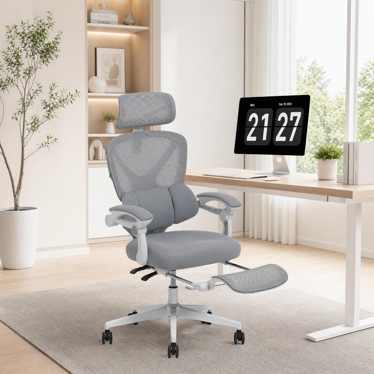 FLEXISPOT Ergonomic Office Chair with Syncro Tilt Adaptive Armrests, 3-Zone Lumbar Support, 3D Headrest, X-Shaped Backrest and Retractable Footrest for Home Office