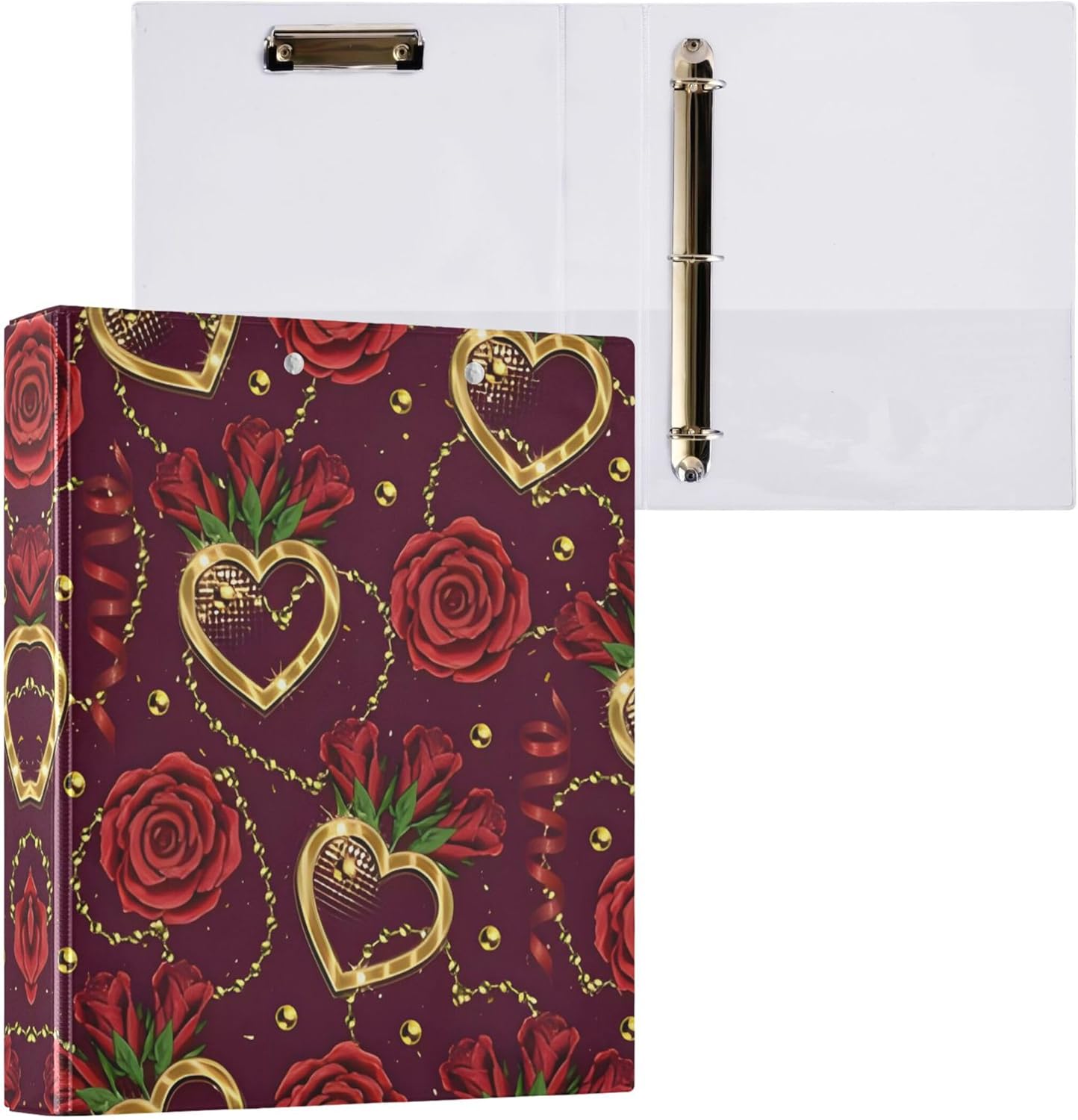 Valentine's Day Roses 3 Ring Binders, 1.5” Round Ring Binders with Clipboard - Letter Size, 3 Interior PVC Clear Pockets & Anti-Slip Clip for Office School Supplies, 2PCS