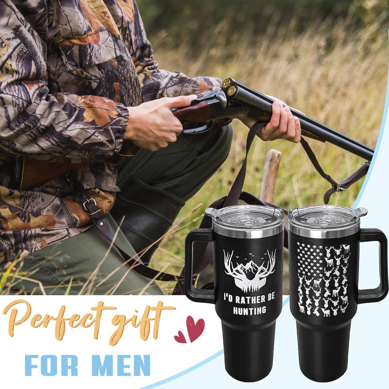 Hunting Tumbler with Handle and Straw Hunters Deer Cup Coffee Travel Mug Hunting Gifts for Dad Papa Husband Hunter Fathers Day-40 oz Id Rather Be Huntings - Image 2