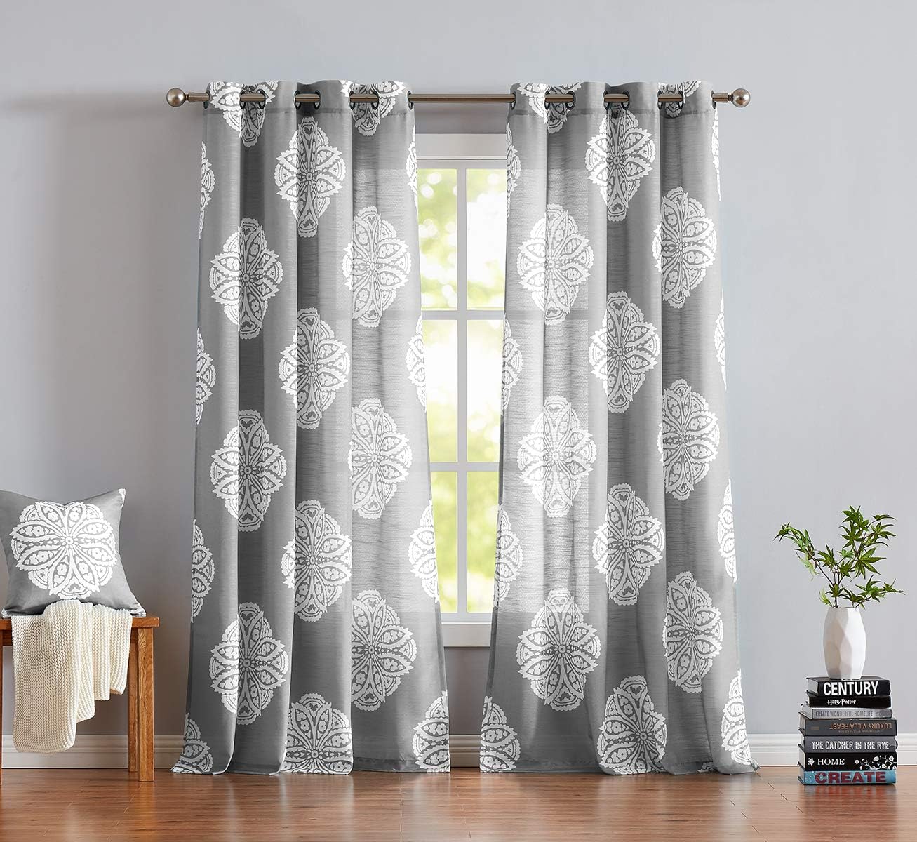 Treatmentex Printed Grey Semi-Sheer Curtains for Living-Room 95inches Long White Medallion Floral Window Drapes 1 Pair Grommet Top
