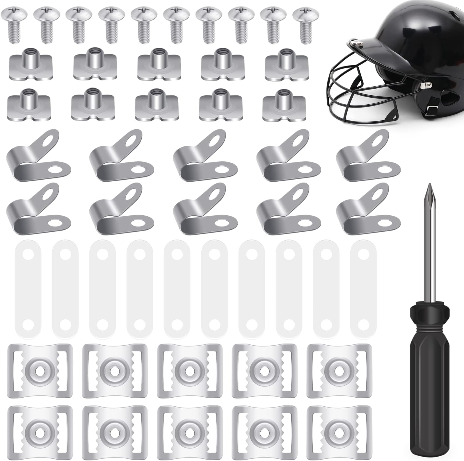 50 Pcs Football Helmet Repair Kit, Football Helmet Visor Stainless Steel R-Clamp Screw Nuts Rubber Gasket with 1 Pcs Srewdriver, Chin Strap Adapter for Hockey, Baseball, Softball Helmets