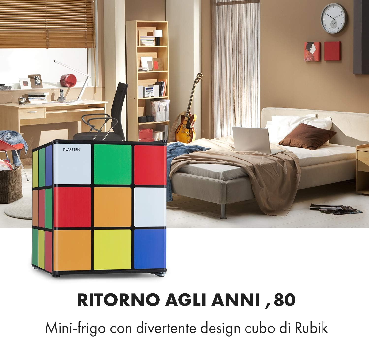 KLARSTEIN Solve - Mini Frigorifero, Minibar, Sistema di Raffreddamento Termoelettrico, Manopola Meccanica, Raffreddamento: 0 bis 10 °C, Classe di Efficienza Energetica F, 48 L, Nero/Colorato KLARSTEIN Solve - Mini Frigorifero, Minibar, Sistema di Raffreddamento Termoelettrico, Manopola Meccanica, Raffreddamento: 0 bis 10 °C, Classe di Efficienza Energetica F, 48 L, Nero/Colorato