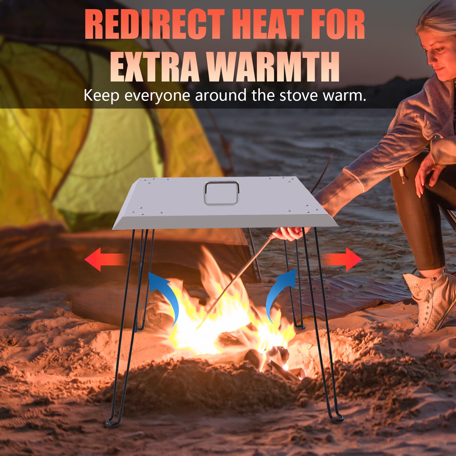 Fenjidrop Fire Pit Heat Deflector, 24 * 24 * 24in Stainless Steel Heat Deflector for fire Pit, Fire Pit Burner Cover to Push Heat Down and Out, with Carrying Handle and Foldable Legs