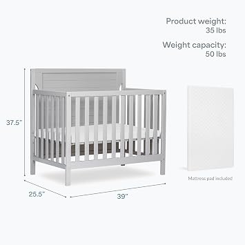 Dream On Me Bellport 4-in-1 Convertible Mini Baby Crib, Compact Design in Pebble Grey, GreenGuard Gold & BSA, Non-Toxic, Sustainable Pinewood, Converts to Mini Daybed & Twin Bed, 1 Mattress Pad