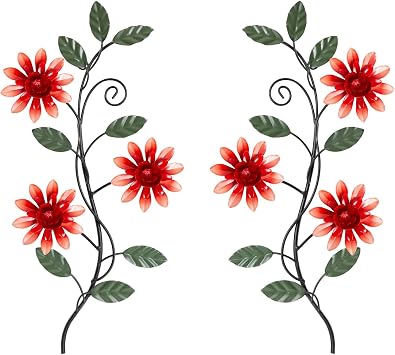 KHJCXS 2 Pieces Metal Flower Leaf Wall Art, 15.1"7.3" Modern Rustic Iron Artwork Hanging Decor for Home Bedroom Living Room Dining Room Kitchen Hallway Office Red