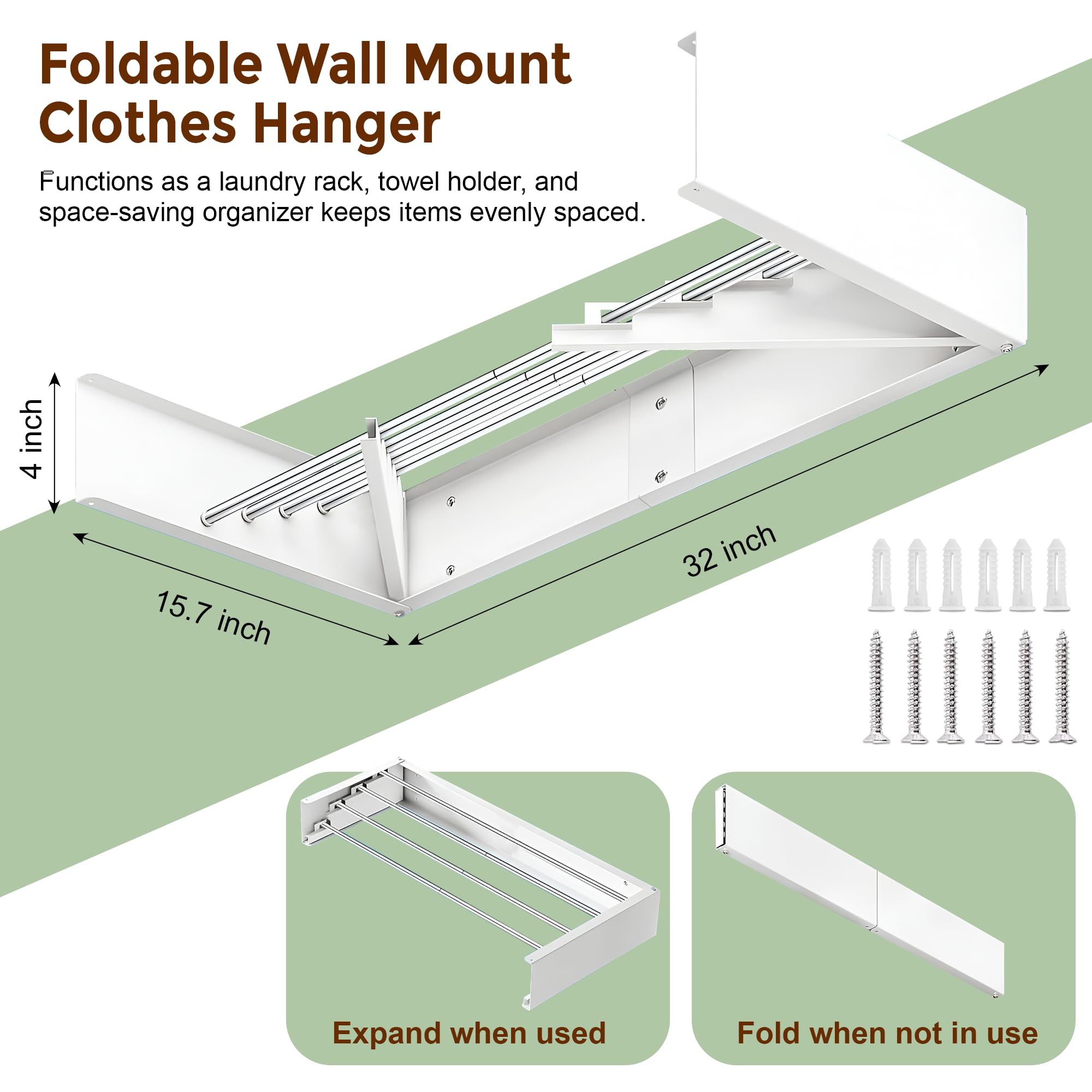 32” Wall Mounted Space Saving Laundry Drying Rack Balcony for Kitchen, Bathroom Use - Foldable Clothes Dryer Rack with 4 Steel Poles - Collapsible Laundry Organizer Indoor Outdoor Drying Line