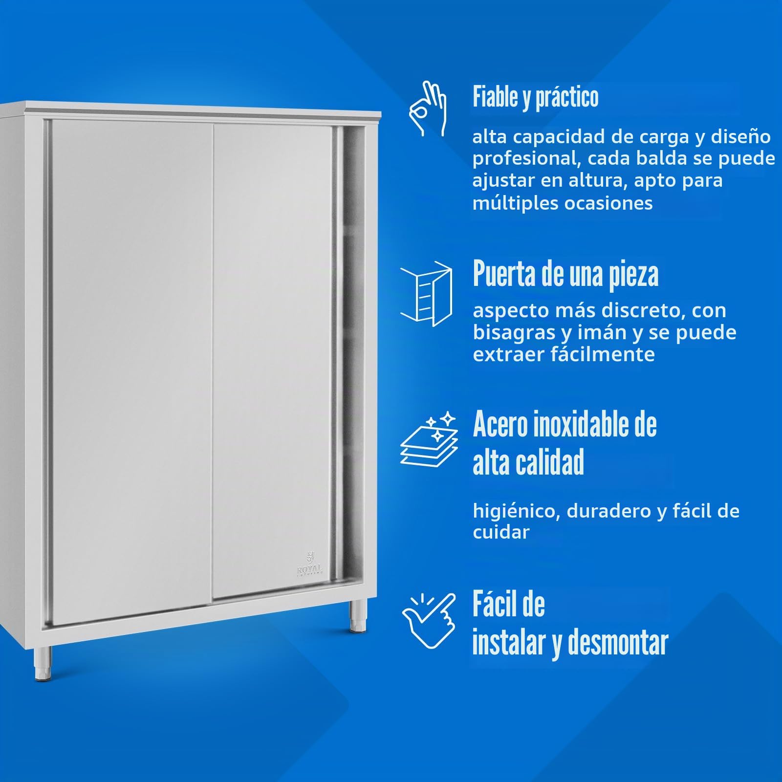 Royal Catering Armario para vajilla de acero inoxidable, 120 x 70 x 180 cm, 3 compartimentos, 2 cajones, fácil montaje, patas ajustables en altura, armario alto