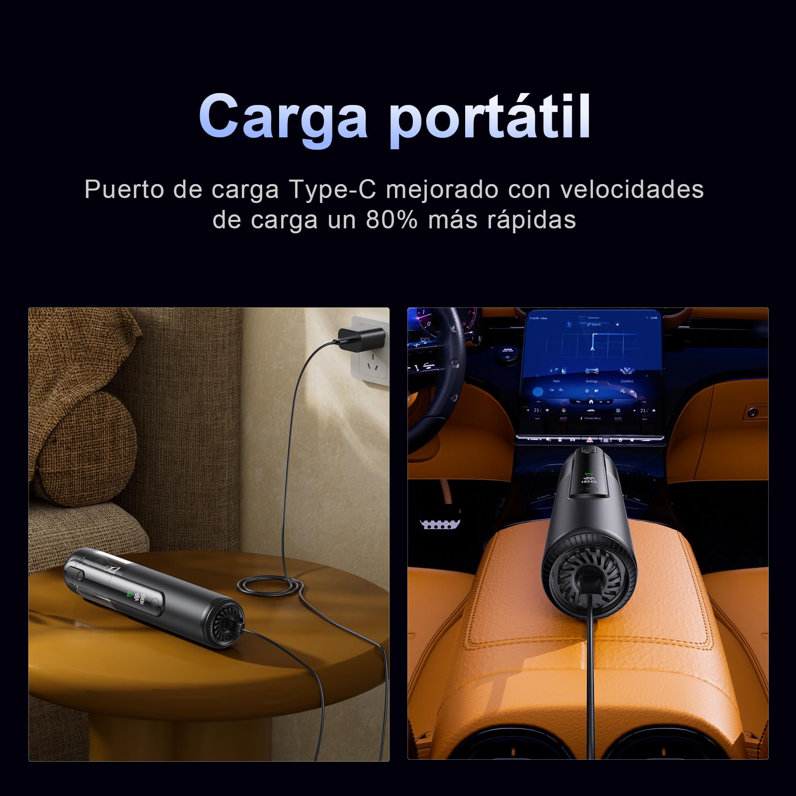 Aspiradora de Mano 4 en 1 (16 500 Pa, Motor sin escobillas 80 W)​​ – Portátil con Pantalla LED, 27 min autonomía, Carcasa de Aluminio ​​Negro​​ para Coche, hogar y Oficina.