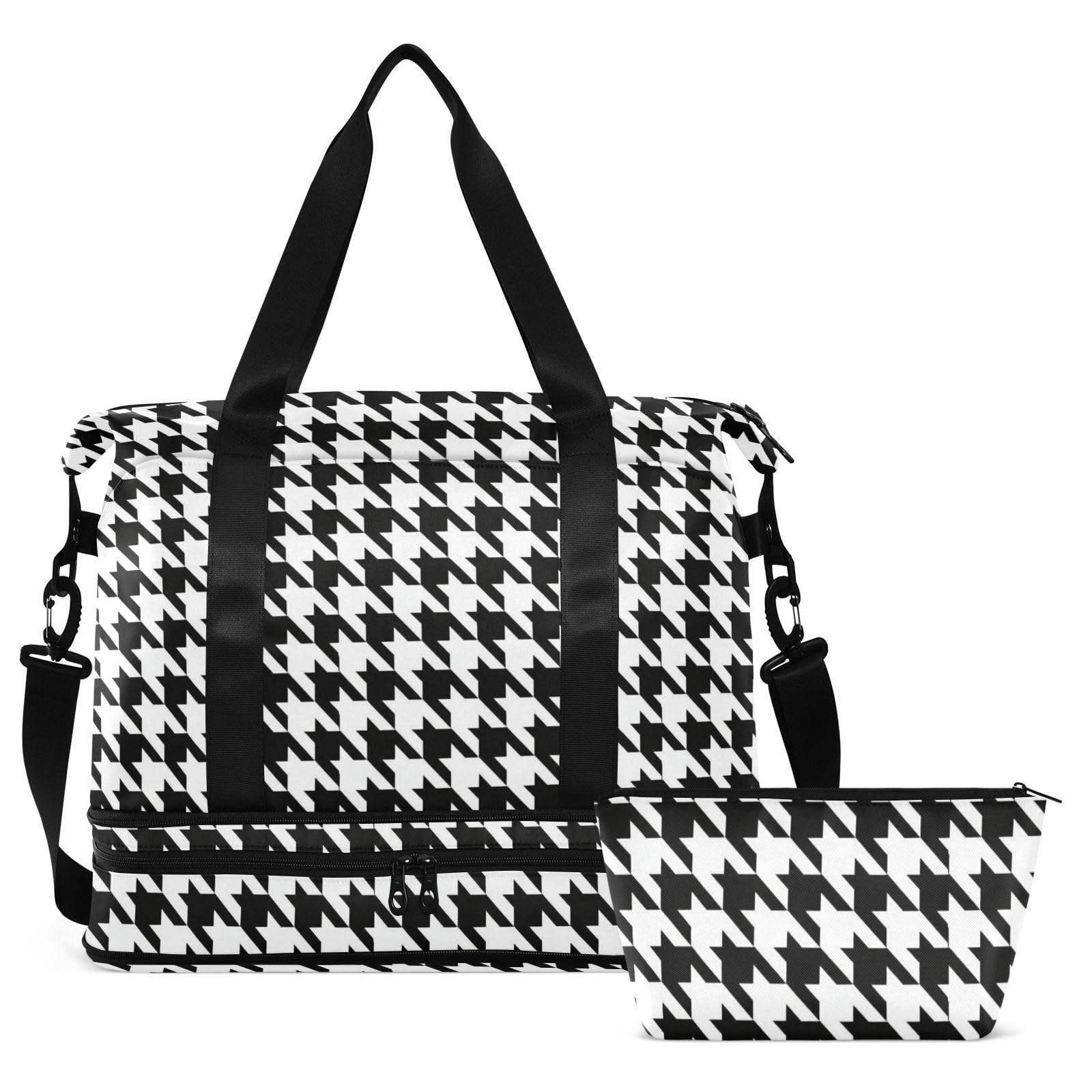 Sac de voyage étanche motif pied-de-poule noir et blanc avec poche humide et sangle réglable pour homme et femme