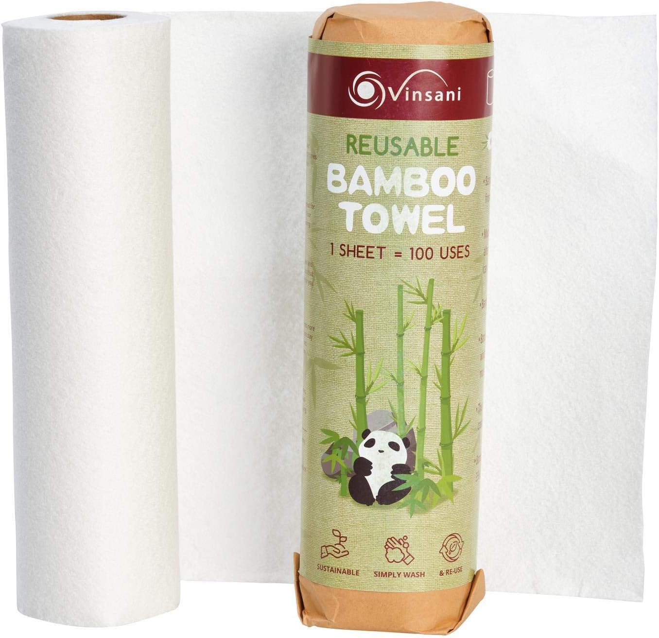 Vinsani Reusable Bamboo 2 Ply Kitchen Towels Rolls – 20 Sheets of Super Strong Washable Ultra Absorbent & Eco-Friendly Sustainable Kitchen Paper Towels for Household Cleaning - Zero Plastic Packaging