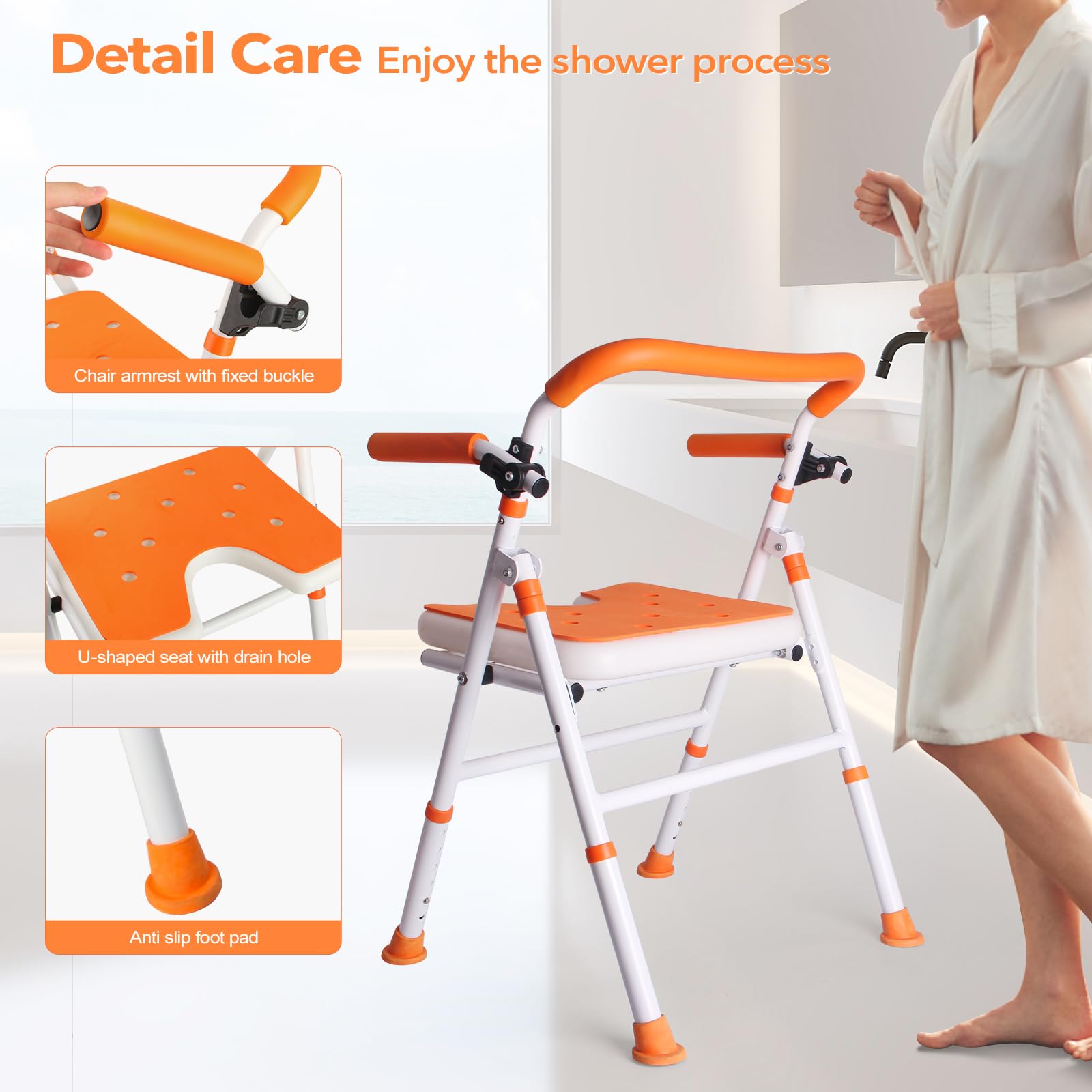 Silla de ducha plegable, asiento de ducha plegable para ducha interior, silla de ducha minimalista con brazos y altura de respaldo ajustable, silla de bañera de seguridad portátil para