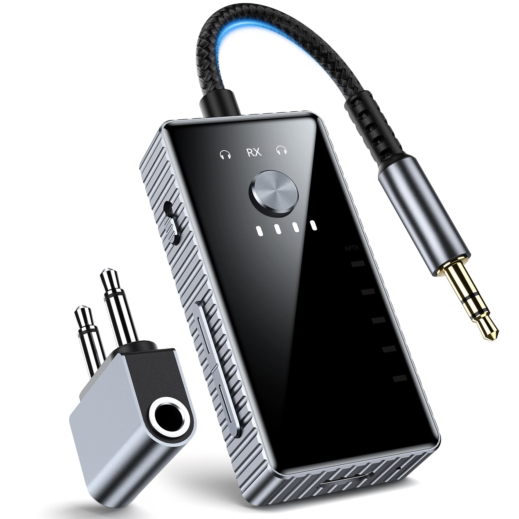 Trasmettitore Ricevitore Bluetooth per TV, 2 in 1 Adattatore Bluetooth 5.2 Supporta 2 Cuffie con AptX, Audio Jack da 3.5 mm per Aereo/Auto/Amplificatore/Palestra