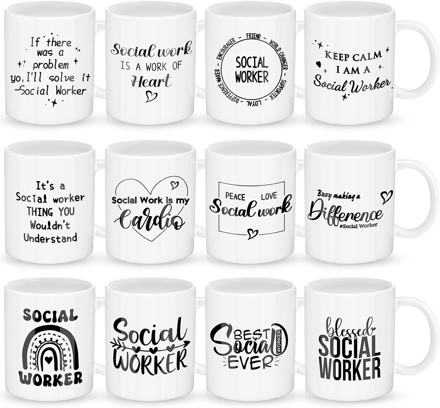 Honeydak 12 Pcs Social Worker Appreciation Gifts for Women Men 11oz Ceramic Mugs Bulk Thank You Gift for Social Worker Cup for Coworker Birthdays School Office Volunteer Nurse Week(Elegant)