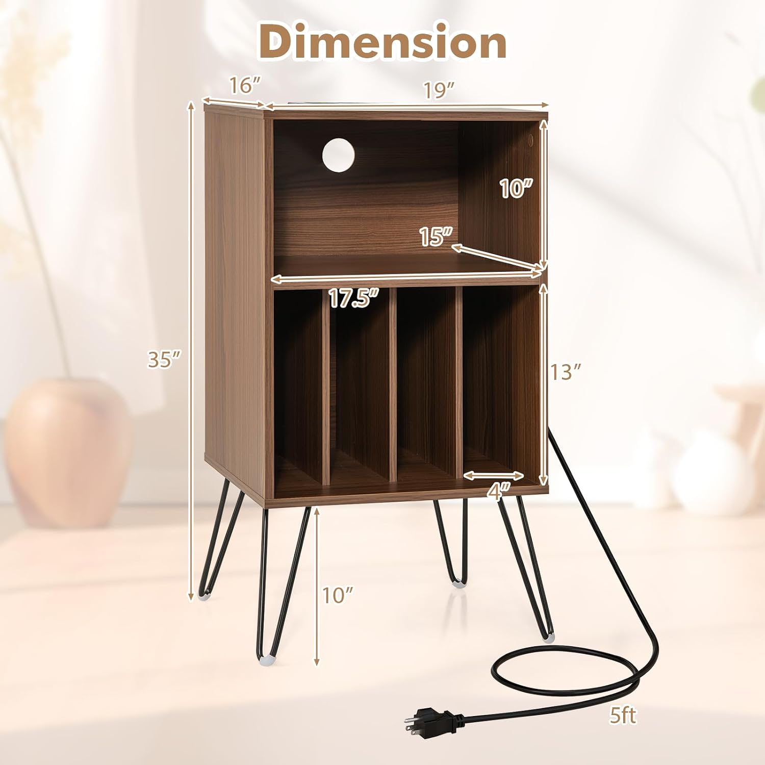 LOKO 3-Tier Record Player Stand, Turntable Stand with Charging Station, Vinyl Record Storage Table with Shelf & 4 Dividers, Turntable Display Shelf for Living Room, Bedroom (Walnut)