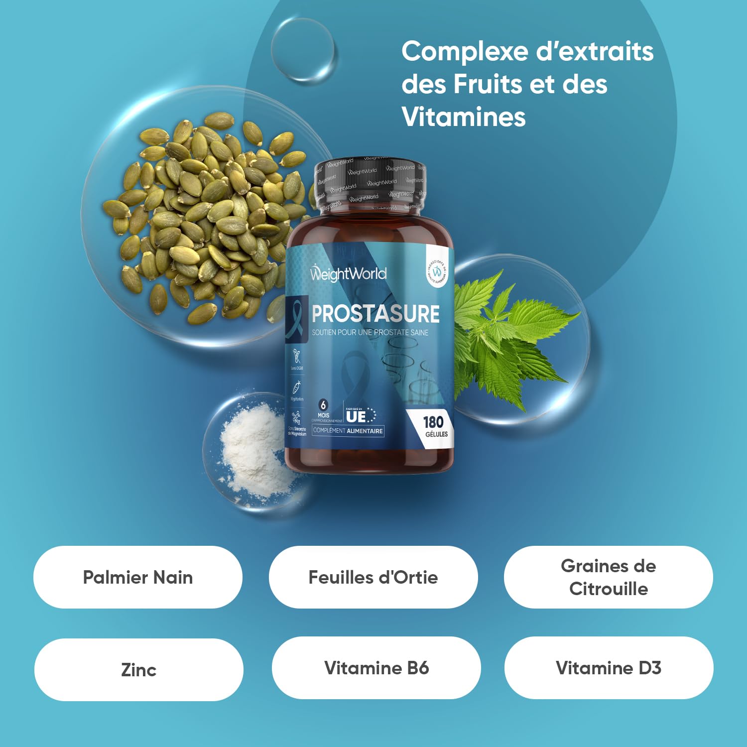 Prostasur 180 Gélules, avec Saw Palmetto Palmier Nain, Vitamines et Minéraux - Zinc, Vitamine B6 Vitamine D3, Graine de Courge Citrouille, Feuilles d'Ortie, 6 Mois - Prostasur pour Homme Extrait 20:1