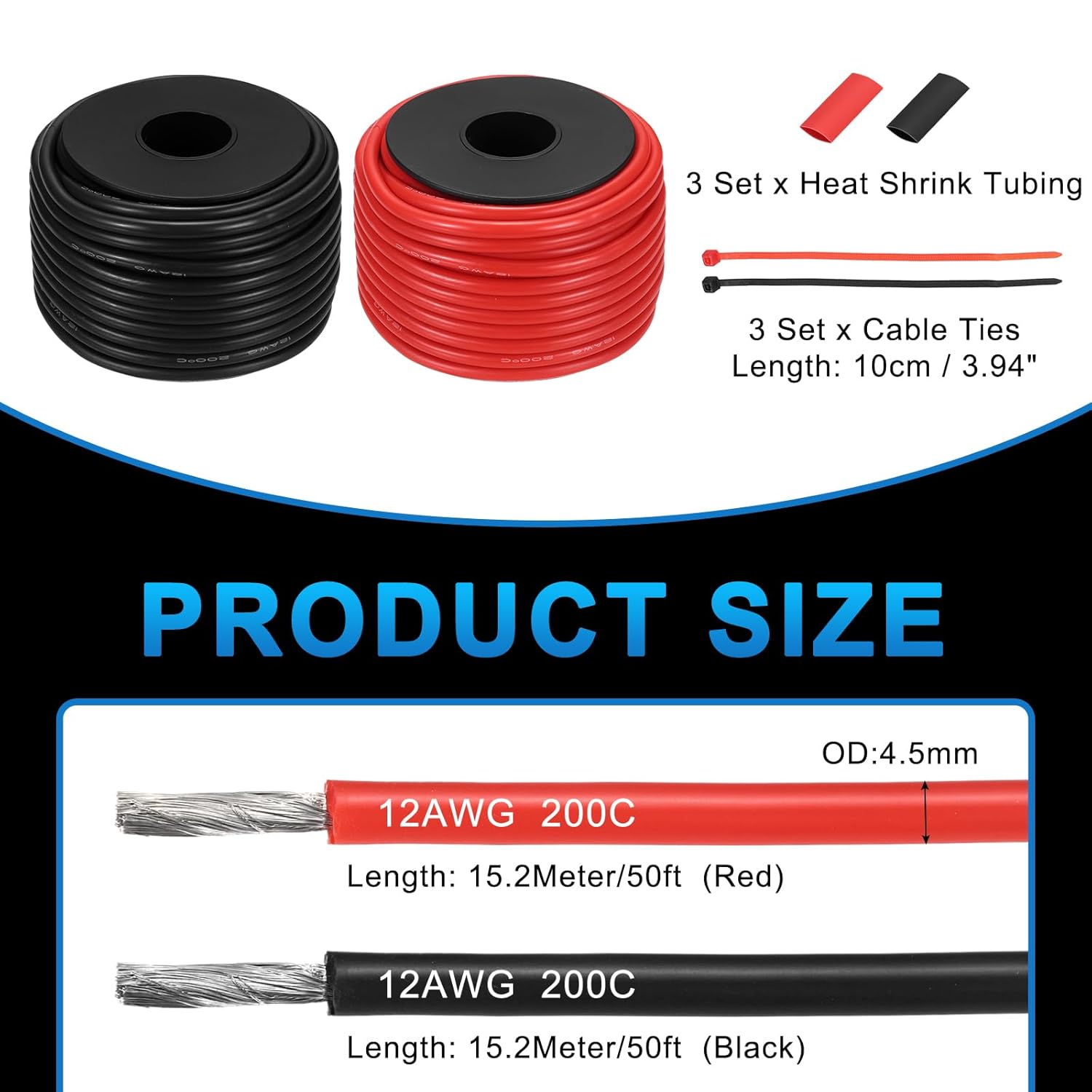 MECCANIXITY 12 Gauge Silicone Electrical Wire Cable, 12 AWG 50ft Black and 50ft Red Electrical Wires Spool 600V/200C Flexible Stranded Tinned Copper Wires Automotive Wire with Accessories