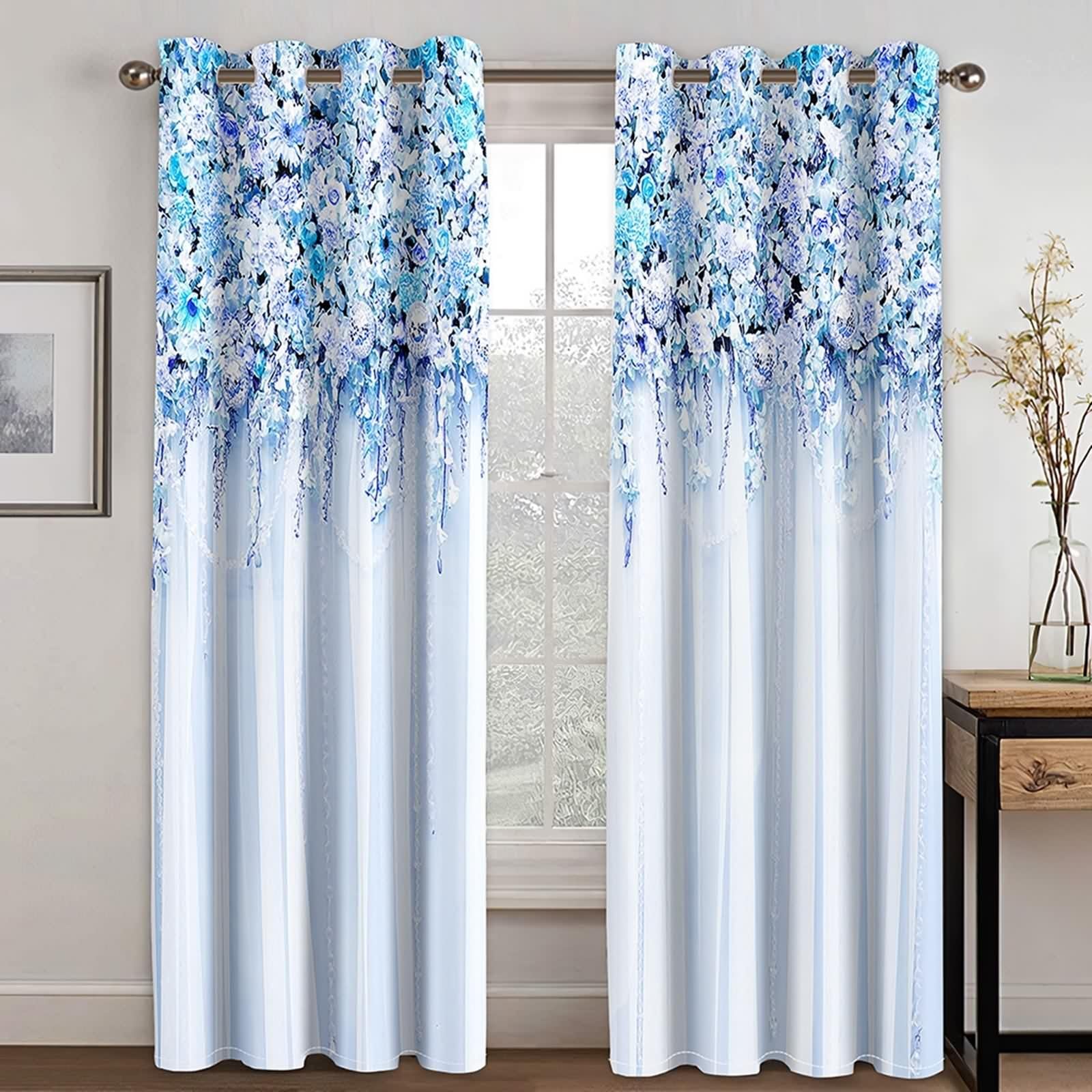Rideau Anniversaire, Rideaux Fenetre Bleu Violet Blanc Polyester Vignes de Fleurs 3D 152L x 274H CM Lot de 2