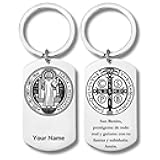 Saint Benedict with Prayer in Spanish, Stainless Steel Rectangular Keychain, San Benito Llavero con Oracion Personalized Engraving Included