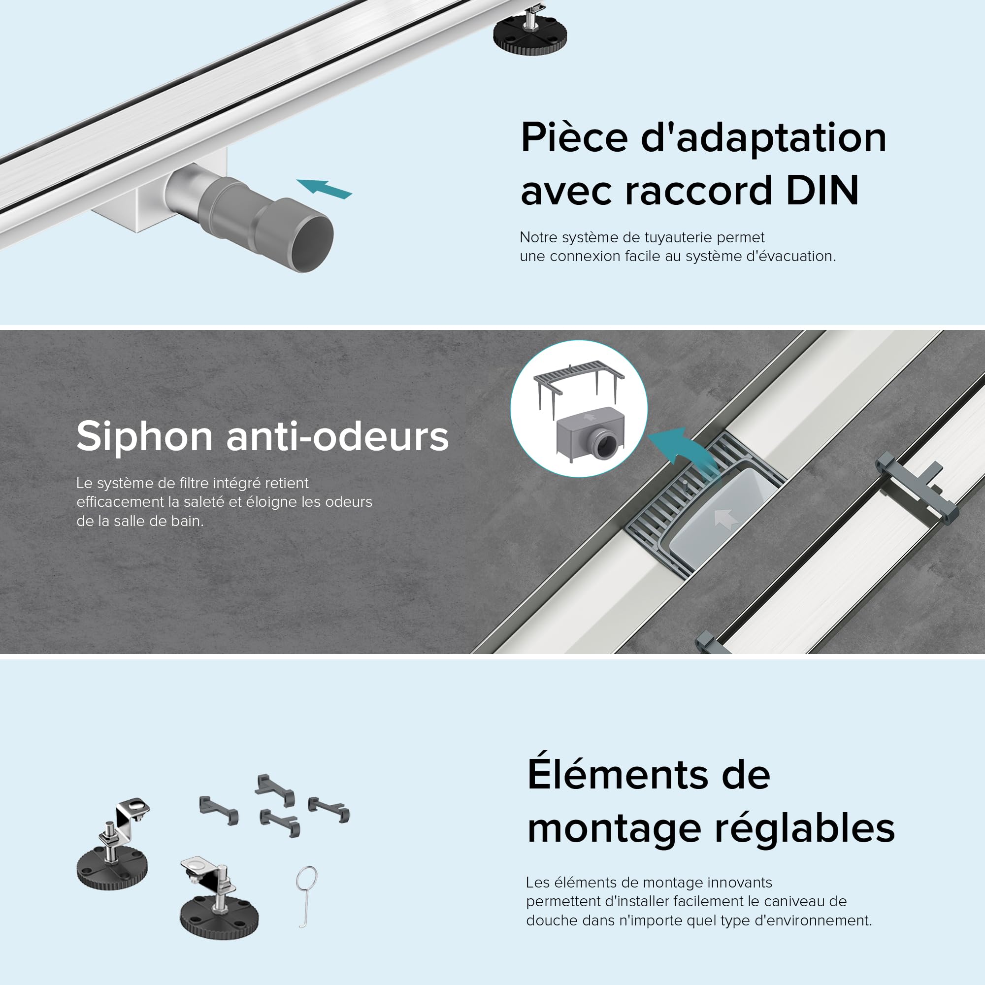 doporro Caniveau de Douche Italienne Extra-Plate Drain de Sol à Carreler