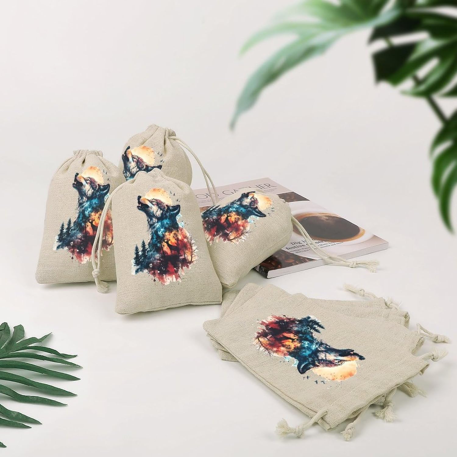 Wolf Howling Sunset Forests Deers Drawstring Bags Cotton Linen Pack of 8 | Reusable Storage Gift Pouch Party Home Supplies