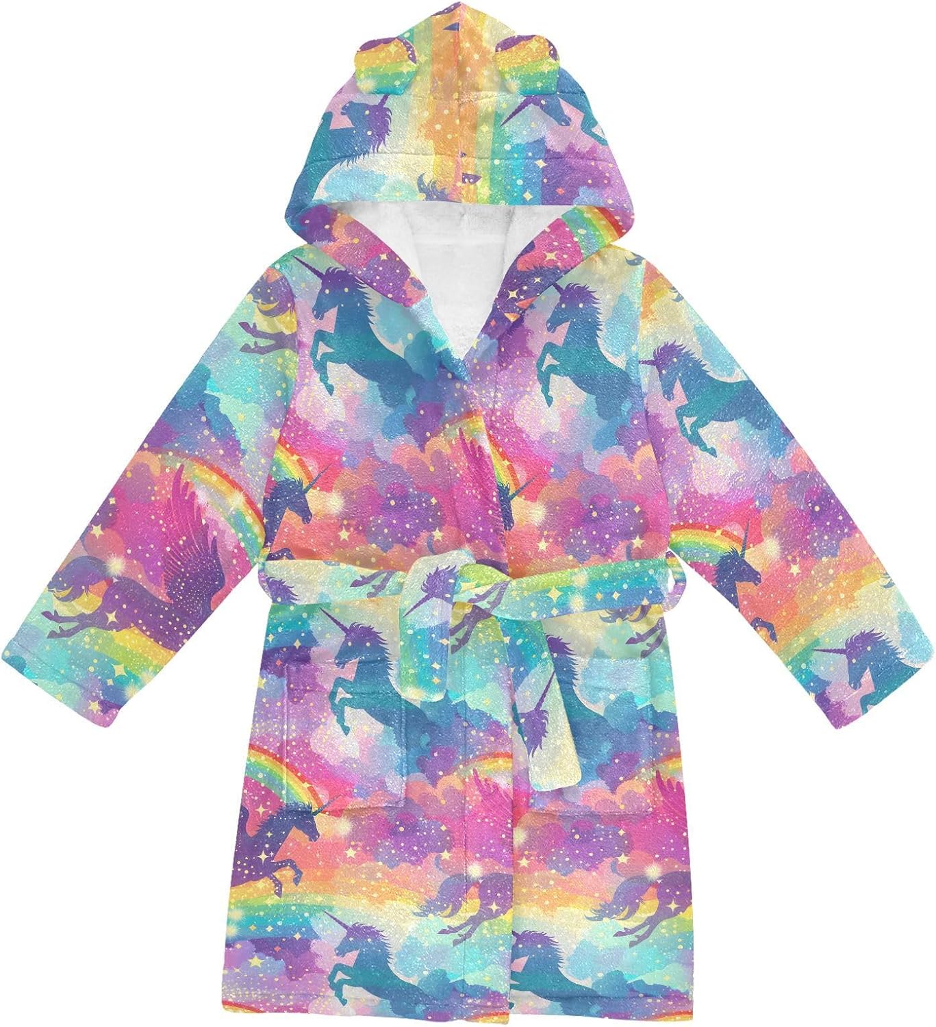 senya Rainbow with Winged Unicorn Toddler Hooded Bathrobe Kids Soft Plush Bath Towel Robes for Boys Girls 2-12 Years