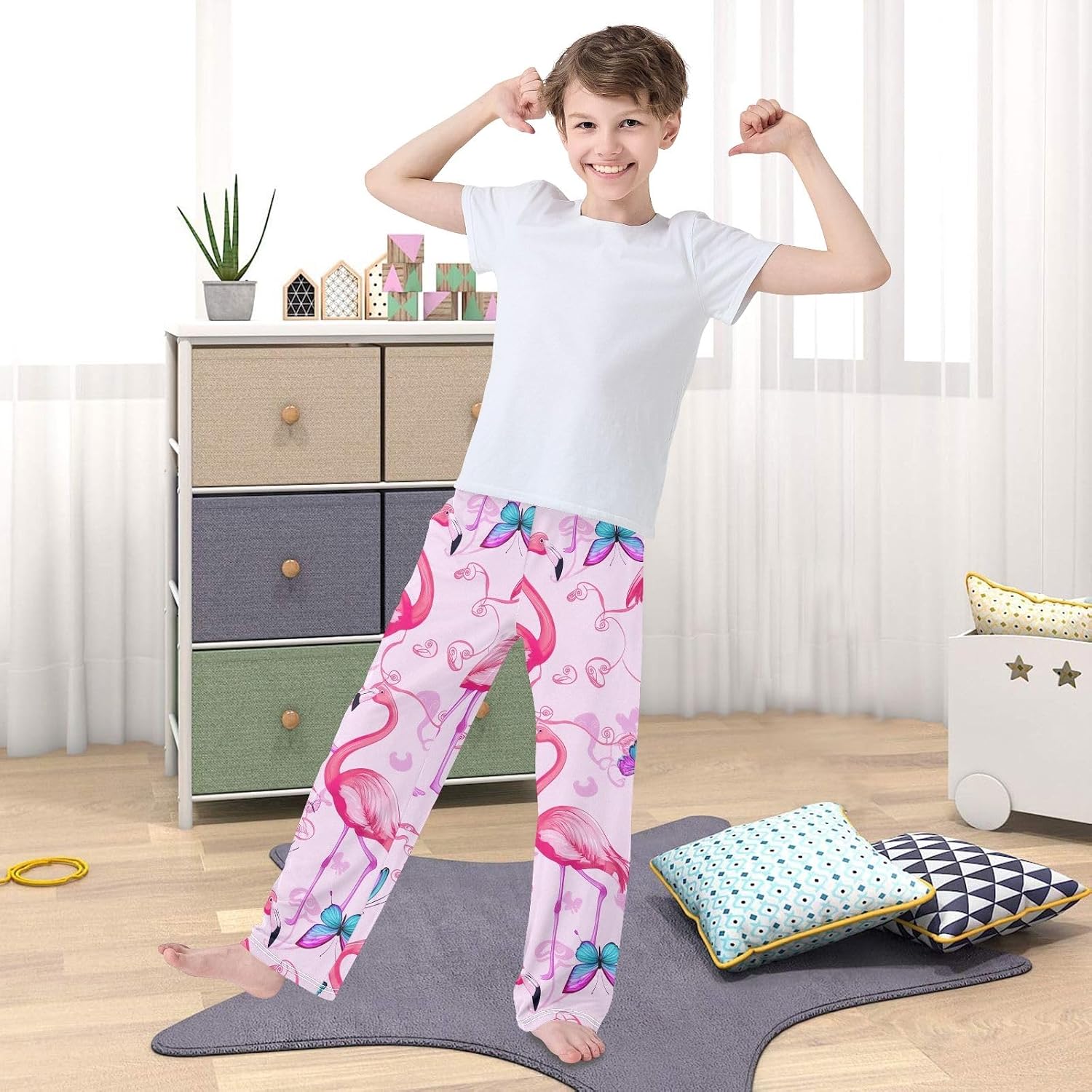 Elegant Pink Flamingos Lounge Pants, Soft Elastic Waist Sleepwear with Pockets for s Spring Fall