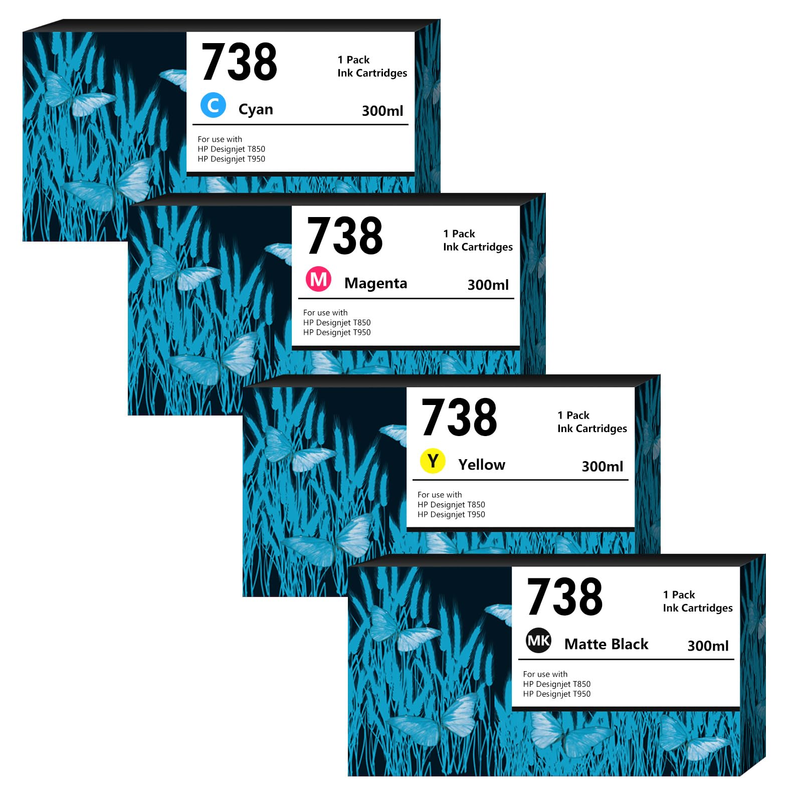 738XL Ink Cartridges 4-Pack (300-ml Matte Black/Cyan/Magenta/Yellow) Compatible 738 738XL Ink Cartridge Replacement for HP Designjet T850/T950