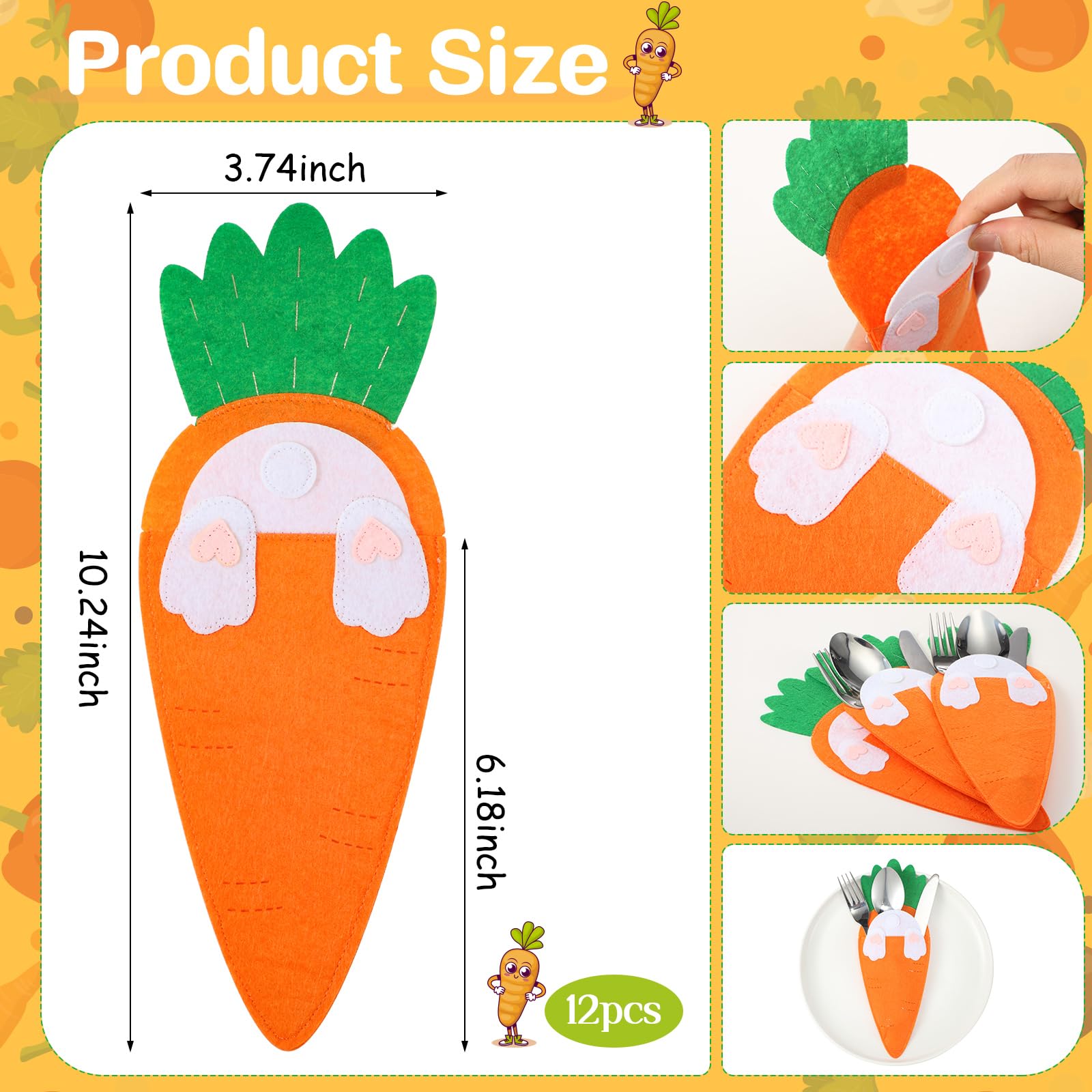 Beeveer 12 Pcs Easter Carrot Utensil Cutlery Holders Bag Felt Bunny Fork Cutter Pouches Silverware Pocket Bag for Easter Home Spring Party Table Decoration Knife Forks Organizer