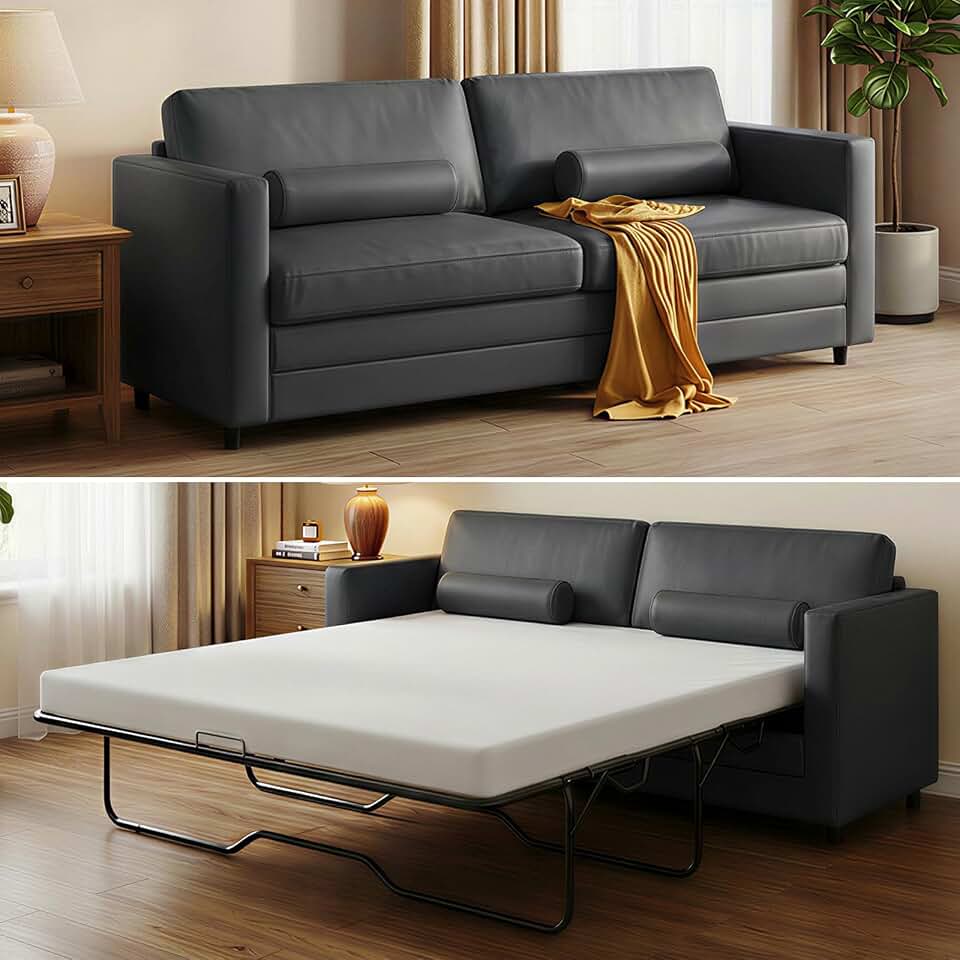 Mjkone 79" W Faux Leather Pull Out Sofa Bed, Queen Size, Dark Grey