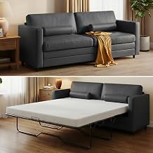 79" W Faux Leather Pull Out Sofa Bed, Queen Size, Dark Grey | Convertible Sleeper Sofa with 2 Cushions, 2-in-1 Couch Bed with Fold Out Mattress, Loveseat Futon, For Guest Room, Bedroom