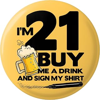 21st Birthday Pin, Funny 21st Birthday Party Decorations, “I'M 21 BUY ME A DRINK” Button Badge for Women & Men, Yellow 2.3 Inch Button Badge Party Favors