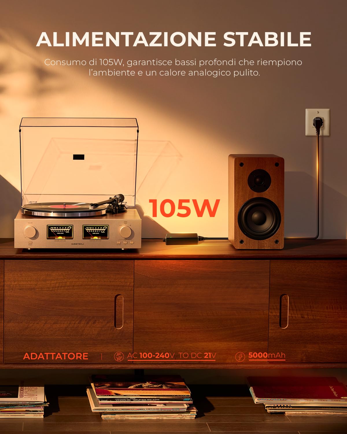 QLEARSOUL HiFire X Giradischi Vinile, Sistema Hi-Fi Audiophile con Casse da Libreria 100W, VU Meter, Preamp DSP, Supporta 33/45 RPM, RCA LINE IN | OUT, Connettività Bluetooth