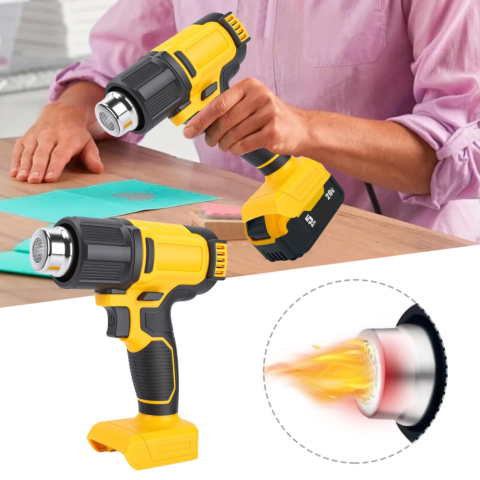 Pistola de Calor Inalámbrica, Calentamiento Rápido, Pistola Termorretráctil Compatible con Batería de 20 V, de Calor Portátil con 3 Boquillas para Tubos Retráctiles, Manualidades, Reparación