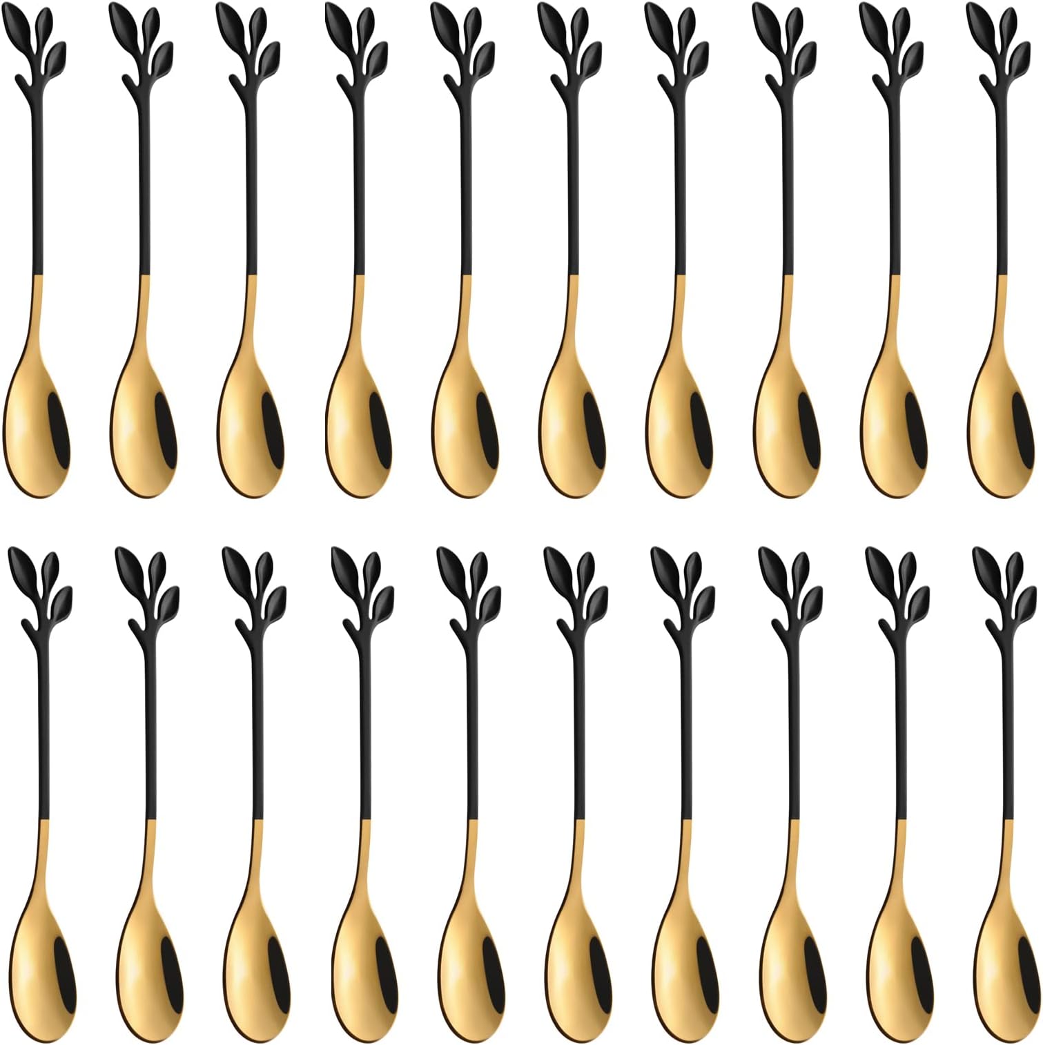 AnSaw 20-Pieces 4.7-Inch Small Coffee Spoons With Leaf Handle(Black & Gold)