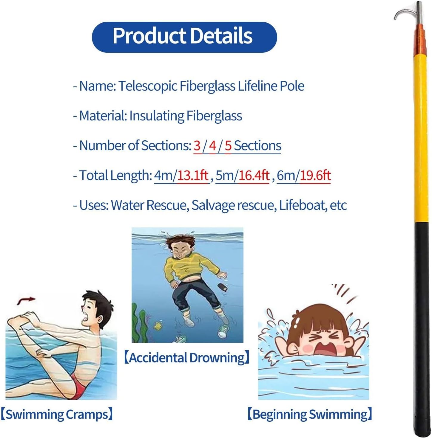 Adjustable Telescoping Rescue Pool Pole, 400-600cm Lifesaving Safety Tool with Hook for Pools & Beaches, Durable Fiberglass Design - Yellow, 600cm Length