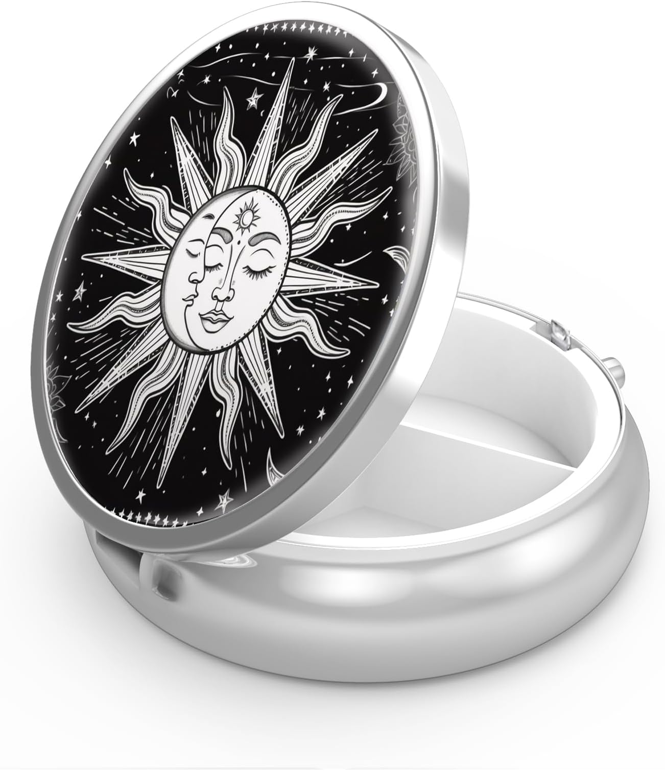 Pill Box 3 Compartment Medicine Pill Case,Portable Pill Box for Pocket or Purse Pill Box Decorative Metal Medicine Vitamin Organizer Unique Gift(Sun and Moon01)