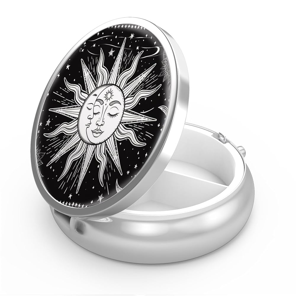 Pill Box 3 Compartment Small Pill Case,Portable for Pocket or Purse Pill Organizer Pill Container Holder to Hold Vitamins, Medication, Fish Oil and Supplements(Sun and Moon)