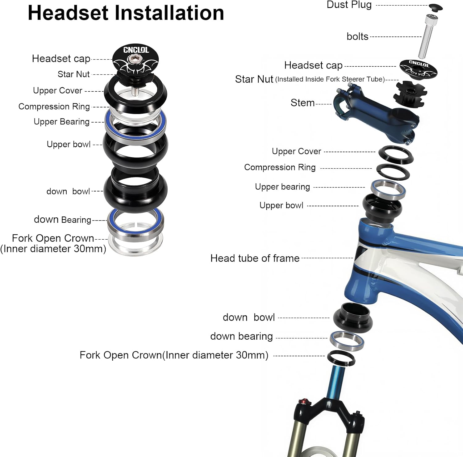 CNC 1-1/8" Bike Headset 34mm 44mm 41.8-52mm 44-55mm 44-56mm, Bicycle Headset/Threadless Straight Tapered Tube Double Sealed Bearings Headset for Mountain Bike/MTB/BMX Road Bike.